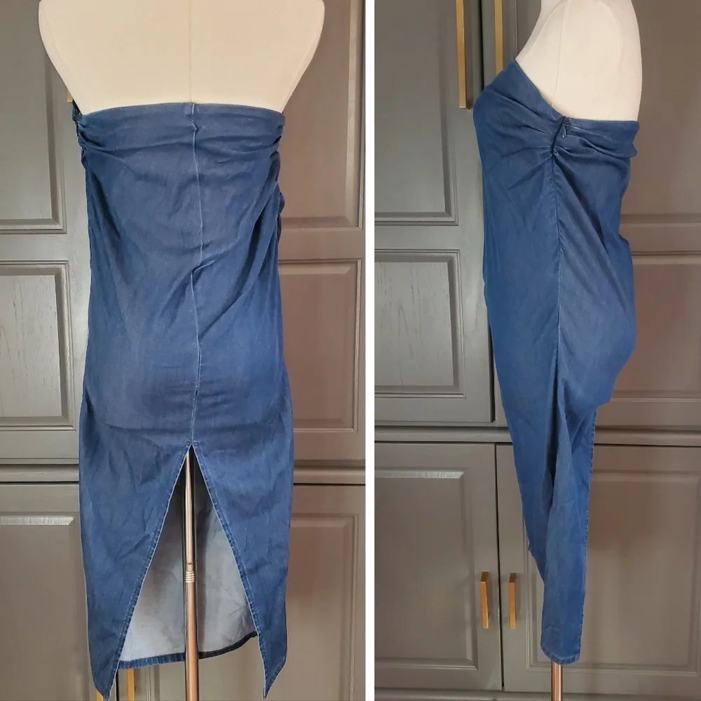 Urban Revivo Strapless Chambray Denim mini dress with Ruched Sides size 4/EUR 36